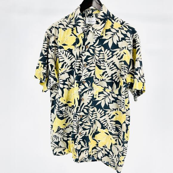 Vintage 90s Bill Blass 100% Silk Navy Yellow Tropical Hawaiian Shirt - Picture 1 of 8